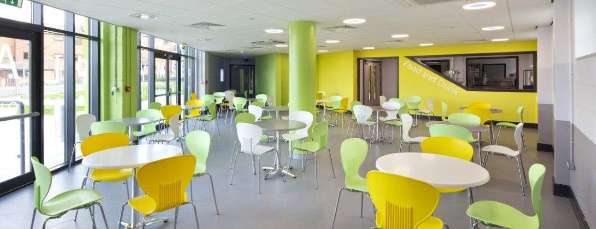 Dining hall set up for group meals.