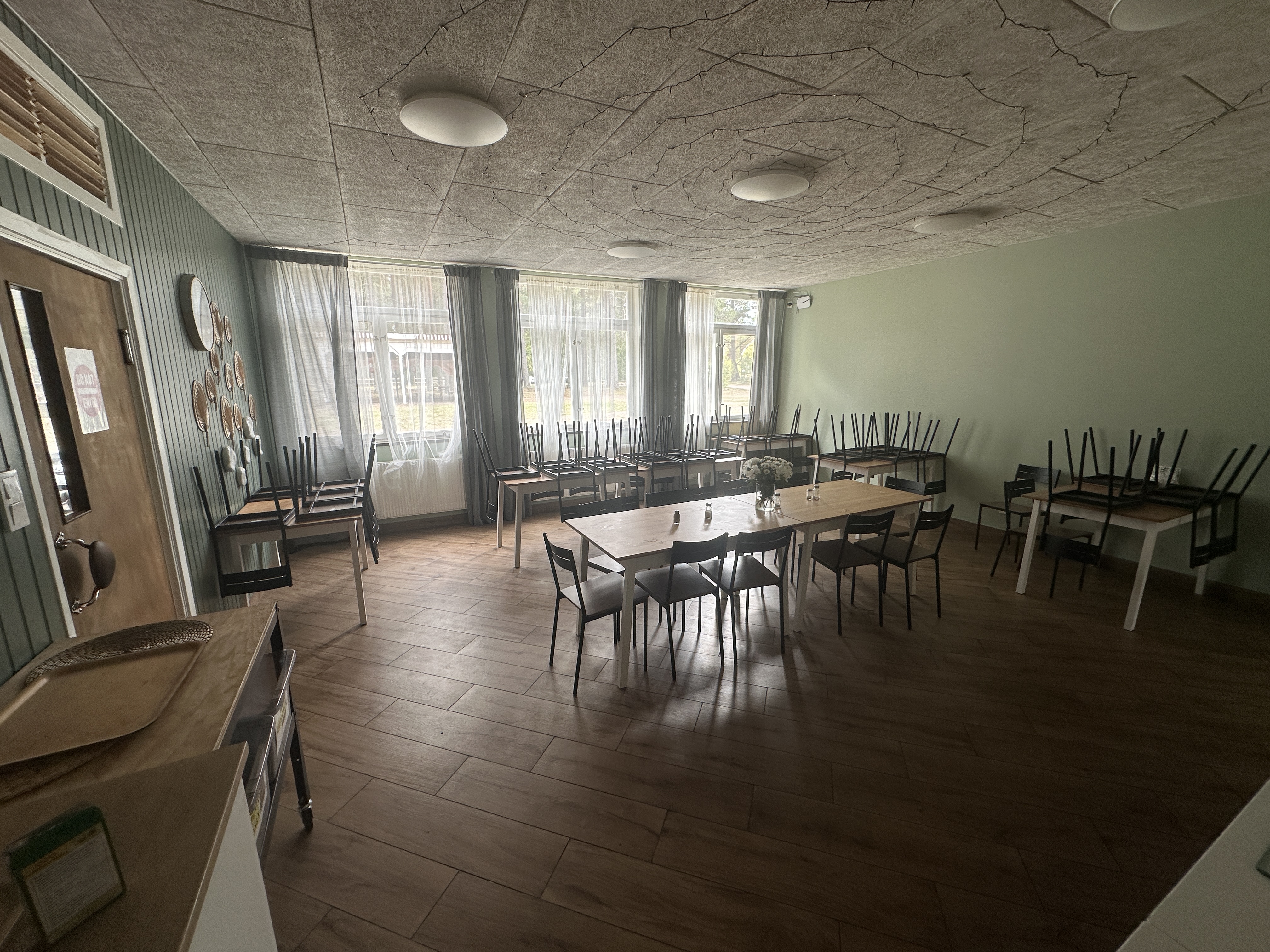 Dining hall set up for group meals at Ydrefors.